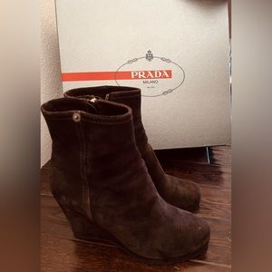 Prada Brown Suede Wedge Boots Size 8.5